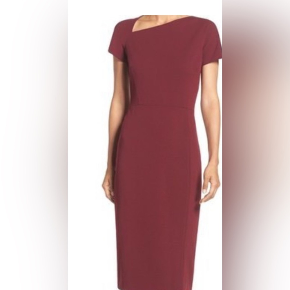Maggie London Women's burgundy sheath dress with asymmetrical neckline SIZE 10